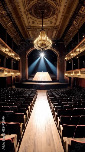 Grand auditorium interior with wooden floor, stage illuminated by spotlights, and seats ready for the performance