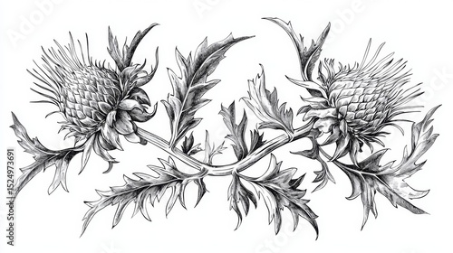 Delicate line sketch of a Scottish thistle for print design.