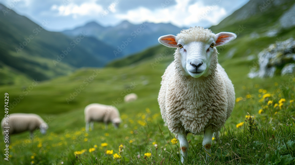 Fototapeta premium Sheep roam and graze freely across lush alpine farmland, with a close-up view of one feeding on the grass