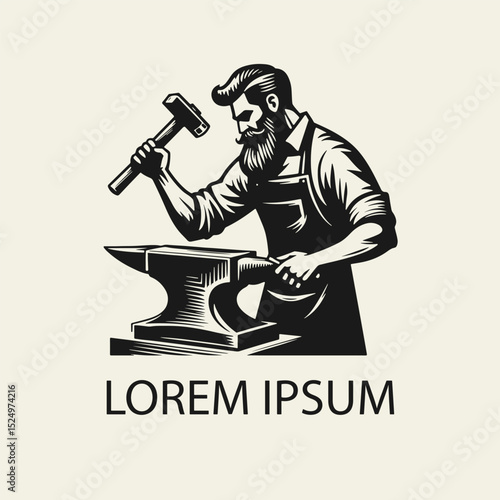 Blacksmith in apron holding hammer working at anvil. Flat black and white vector illustration in vintage style. Perfect for craft, metalwork, or smithing themes.