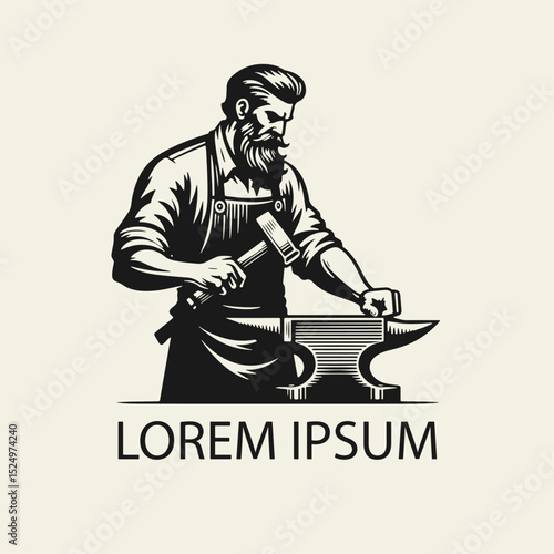 Blacksmith in apron holding hammer working at anvil. Flat black and white vector illustration in vintage style. Perfect for craft, metalwork, or smithing themes.