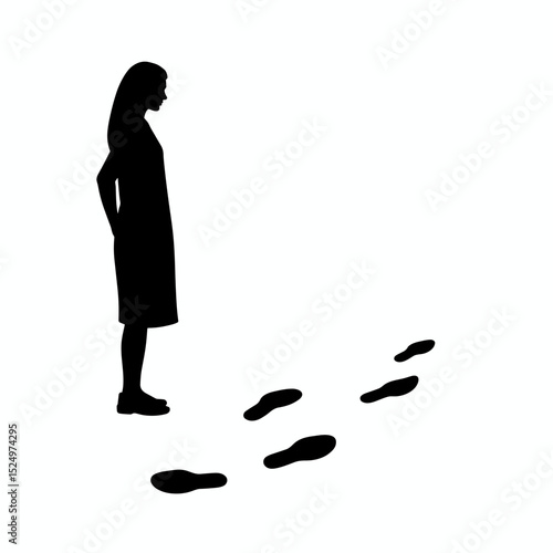 Woman silhouette looking at footprints path. Girl in dress observes trail of footsteps leading away. Mysterious silhouette concept for posters, prints, or website design.