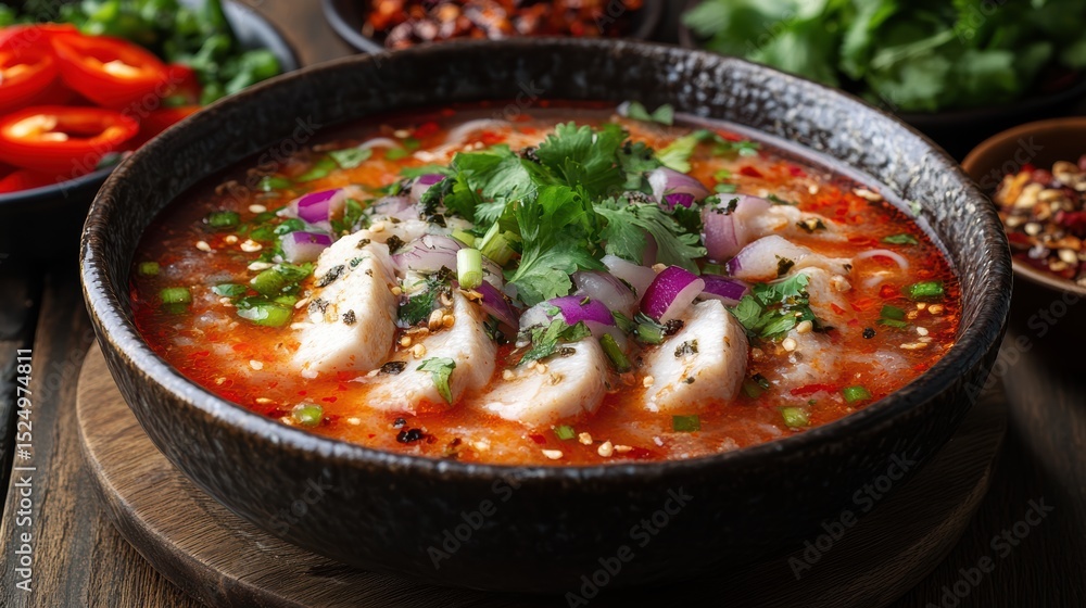 Savory asian soup with fresh herbs onion and white fish in dark bowl on wooden table healthy eating gastronomy culinary Savory asian soup with fresh herbs onion and white fish in dark bowl on wooden table healthy eating gastronomy culinary