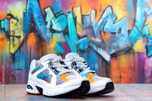 Cool sport shoe on graffiti. Confident and urban style