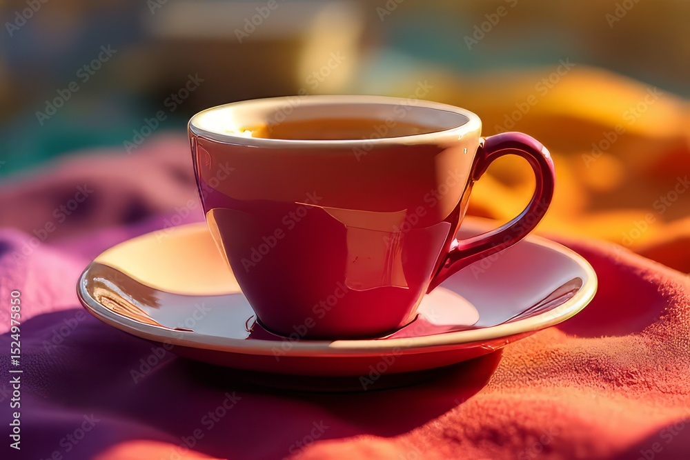 Vibrant Espresso Cup on Colorful Tablecloth in Sunlight Vibrant Espresso Cup on Colorful Tablecloth in Sunlight
