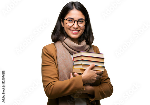 Smiling student reading textbooks studying knowledge at library