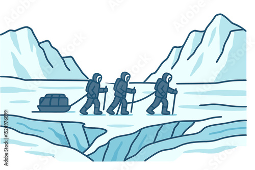 Explorers trek across icy terrain while pulling sleds in a remote mountain region
