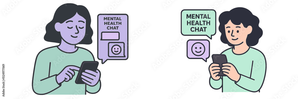 People engaging in mental health chat through a mobile app in a relaxed indoor setting People engaging in mental health chat through a mobile app in a relaxed indoor setting