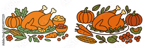 Festive autumn table display featuring roasted turkey and seasonal vegetables with pumpkins and side dishes