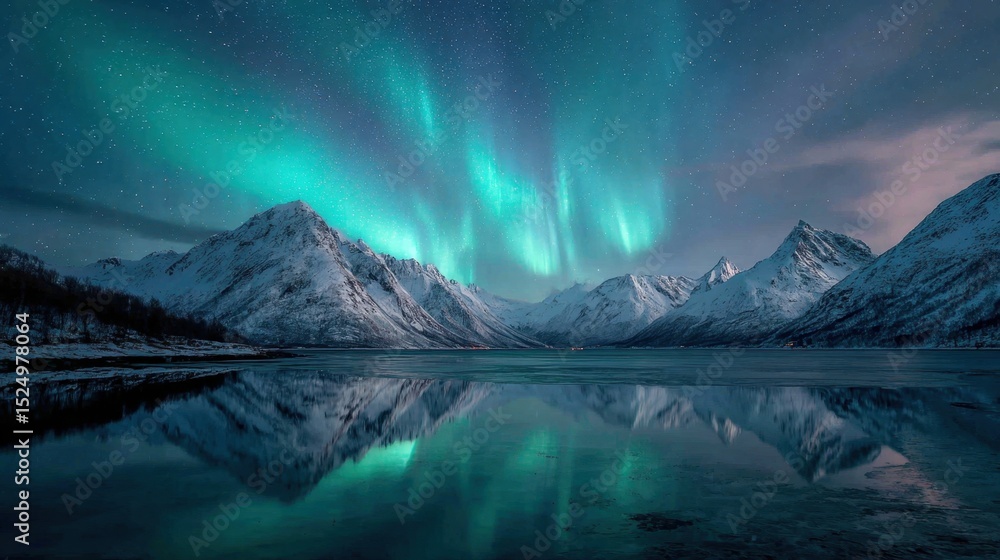 Obraz premium Mesmerizing Northern Lights Reflecting on the Tranquil Mountain Lake