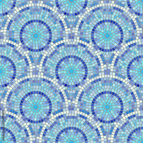 Blue abstract mosaic seamless pattern. Fragments of a circle laid out from tiles trencadis. Vector tile background.