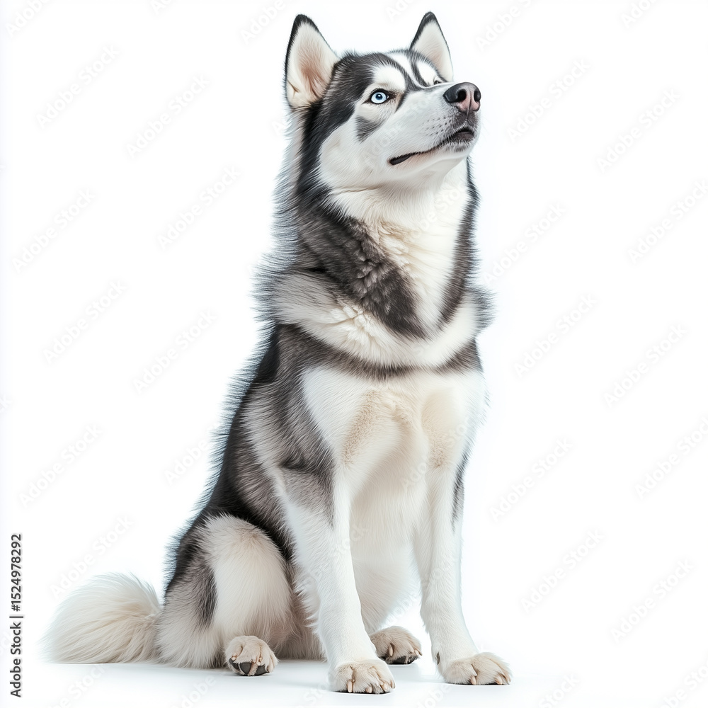 Fototapeta premium a Siberian Husky sitting upright on a white background