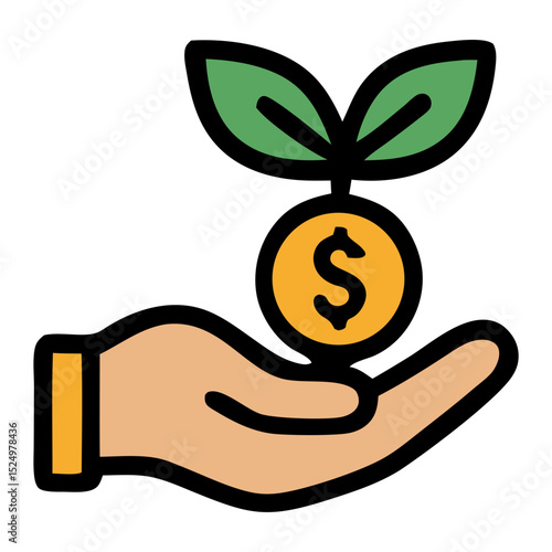 Growing Money Icon Design featuring a hand and sprouting dollar coin