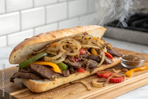 Tableau sur toile Savory steak and pepper sandwich with caramelized onions