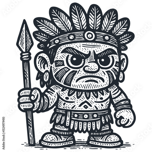 Angry cartoon Native American warrior chief with feather headdress & spear. Vintage engraving style vector art. Monochrome tribal character.