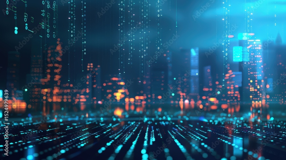 Fototapeta premium Futuristic cityscape with digital data and binary code for technology concepts
