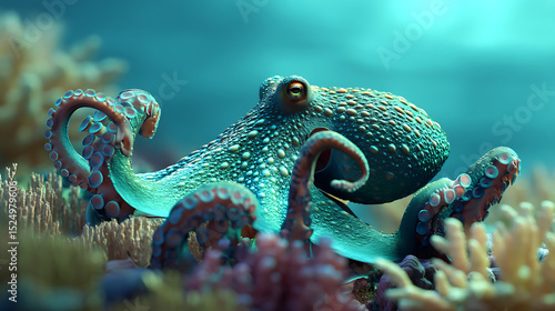 Fototapeta Naklejka Na Ścianę i Meble -  octopus in underwater coral reef Deep Sea Blue 3d rendering .