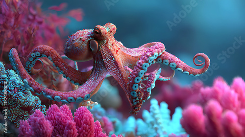 Fototapeta Naklejka Na Ścianę i Meble -  octopus in underwater coral reef Deep Sea Blue 3d rendering .