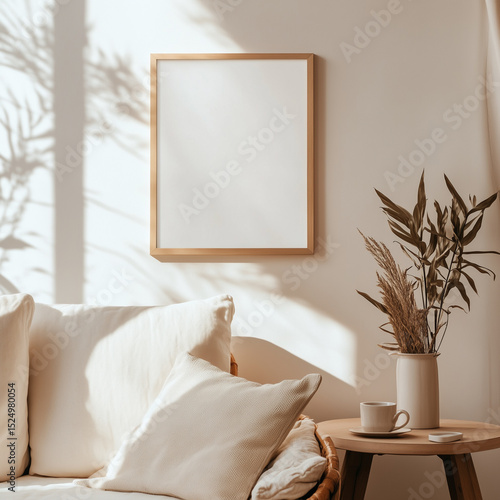  a minimal coffee corner with clean wall focus of the photo is a wooden A1 frame on the wall