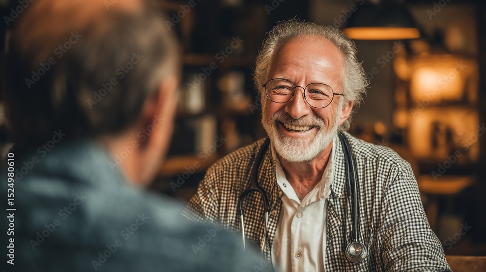 Fototapeta premium Senior man discussing hypertension with doctor in warm office setting, trustful atmosphere, copy space available