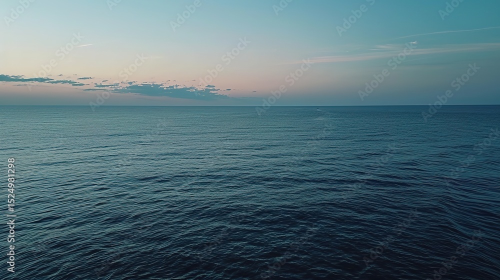 Fototapeta premium Vast Blue Ocean at Flat Camera Angle: Minimalist Coastal Serenity, Horizon-Defining Smooth Waters, and Endless Azure Depths in Soothing Maritime Photography