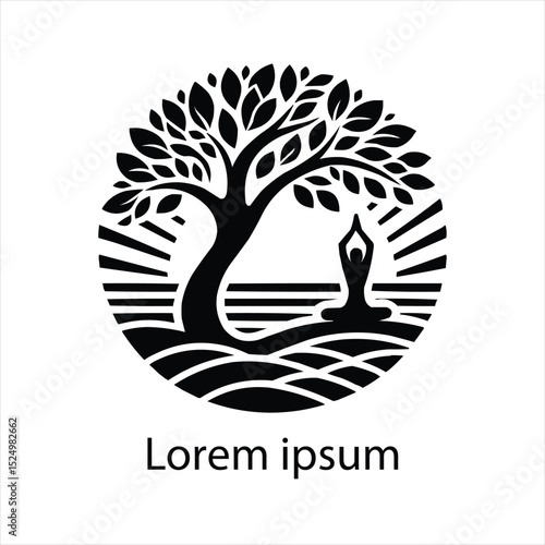 A yoga logo with a tree and a person doing yoga