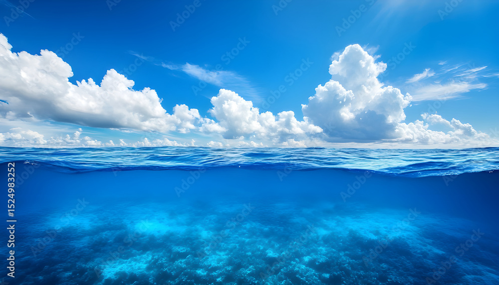 Obraz premium Split view horizon of blue sky with clouds and deep blue underwater ocean. Breathtaking Oceanic Panorama - with copy space to insert ads