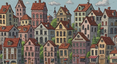 Charming European Village Colorful Houses and Quaint Architecture Illustration