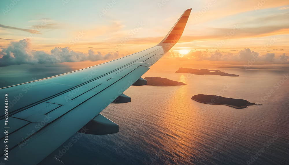 Obraz premium Airplane wing flying plane jet over tropical islands in ocean, view from window at sunset in summer