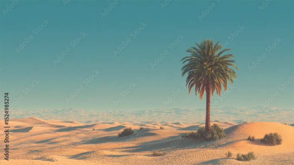 Obraz premium Scenic Desert Landscape with Palm Tree on a Sunny Day