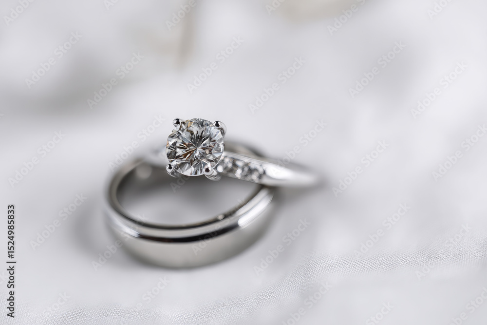 Elegant wedding set gleams with love and commitment on soft fabric Elegant wedding set gleams with love and commitment on soft fabric