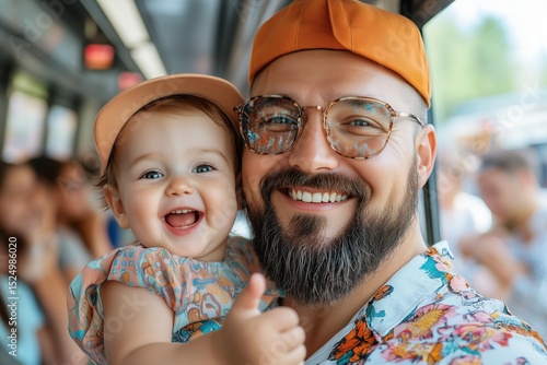 Happy girl shows thumbs up while cheerful bearded father smiles beside her on bright city bus ride