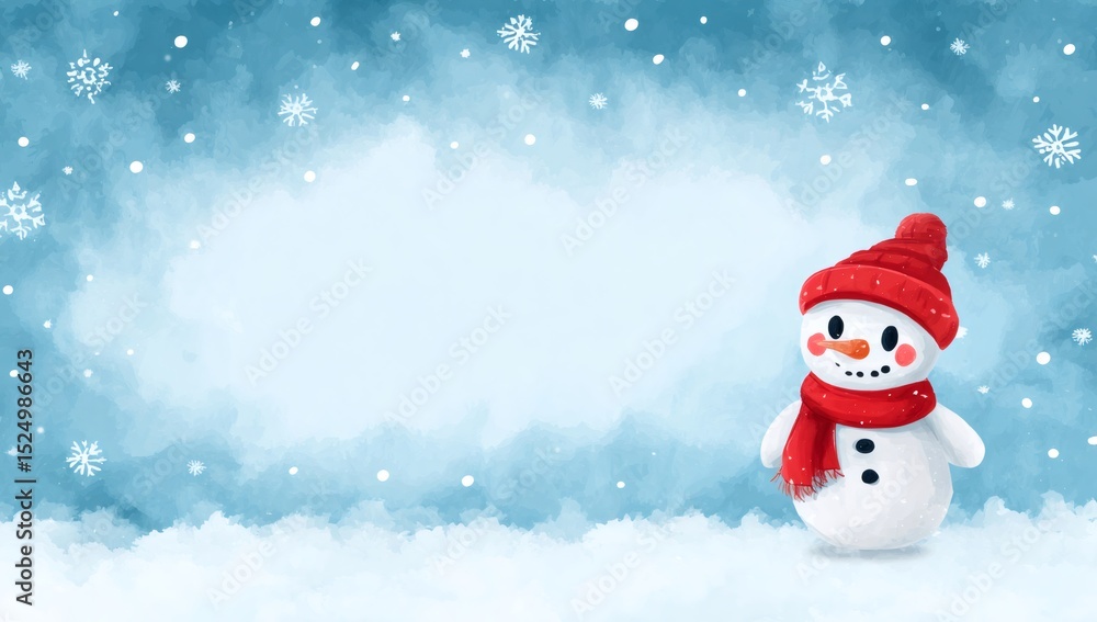 Fototapeta premium Cute snowman wearing red hat and scarf in snowy winter wonderland