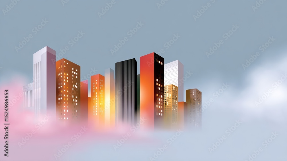 Fototapeta premium City skyline is shown with a cloudy sky and the sun setting. The buildings are tall and the city appears to be bustling with activity