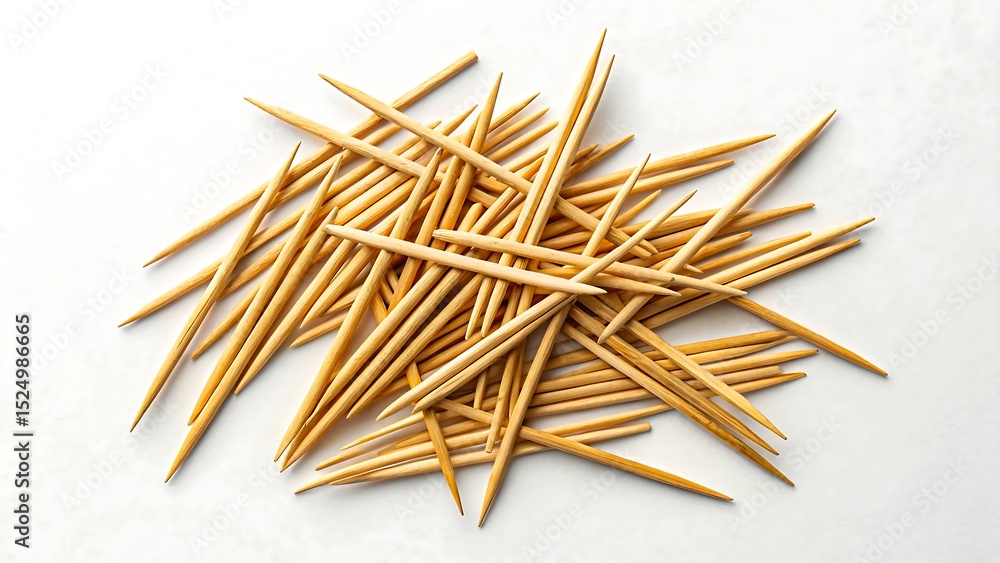Pile of wooden toothpicks scattered on white background, double pointed natural bamboo sticks
Pile of wooden toothpicks scattered on white background, double pointed natural bamboo sticks