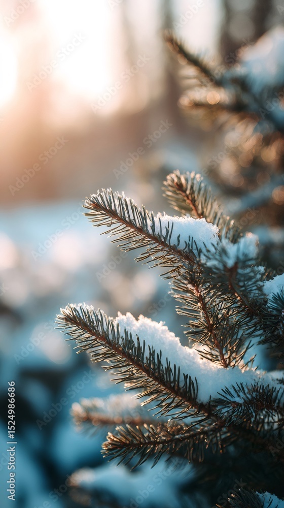 Close up of evergreen pine branches covered with fresh snow at sunset in winter Close up of evergreen pine branches covered with fresh snow at sunset in winter