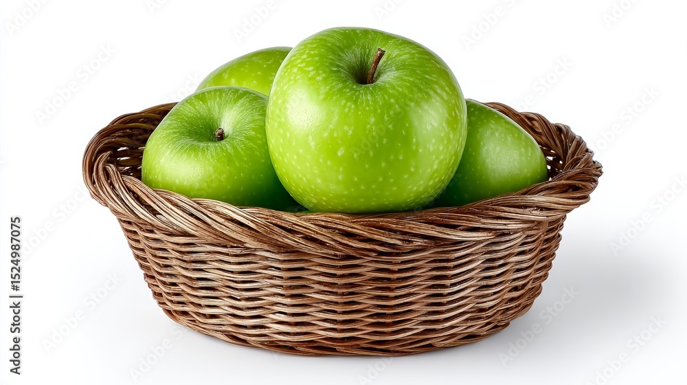 Basket of green apples. The apples are shiny and fresh. The basket is brown and woven Basket of green apples. The apples are shiny and fresh. The basket is brown and woven