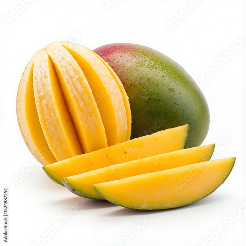Freshly cut mangoes, showcasing vibrant yellow flesh and green skin, arranged on a white background.