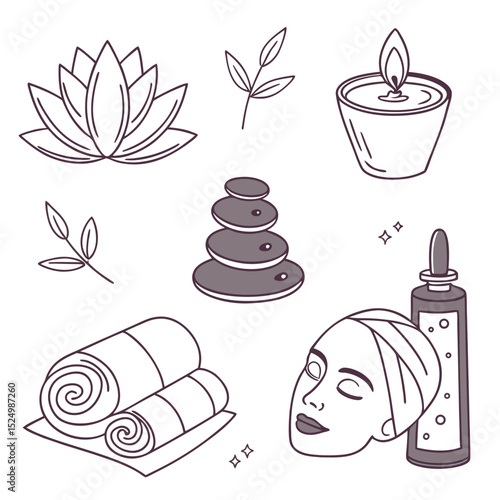 Spa day essentials line art illustration
