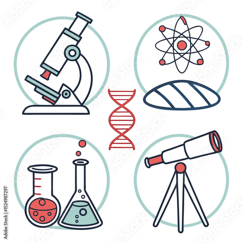 Science icons microscope atom dna telescope lab flasks