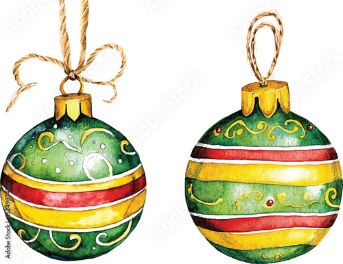 Christmas Ornaments Watercolor  - Green and Gold Baubles vector illustration