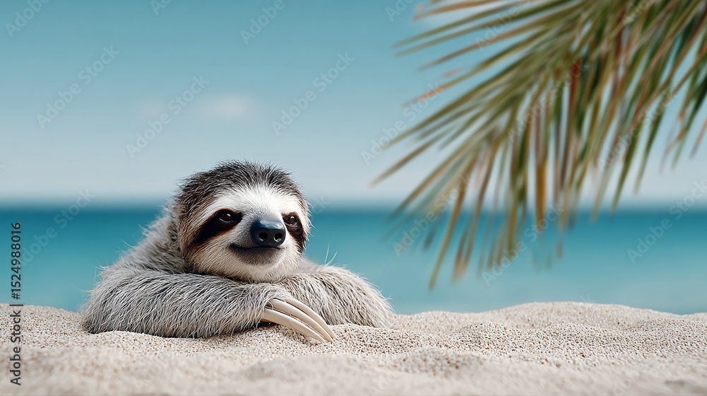 Obraz premium Sloth is laying on the sand near the water. The scene is peaceful and relaxing. The sloth appears to be enjoying the warm sun and the sound of the waves
