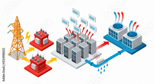 Isometric Data Center Power and Cooling System Workflow Illustration