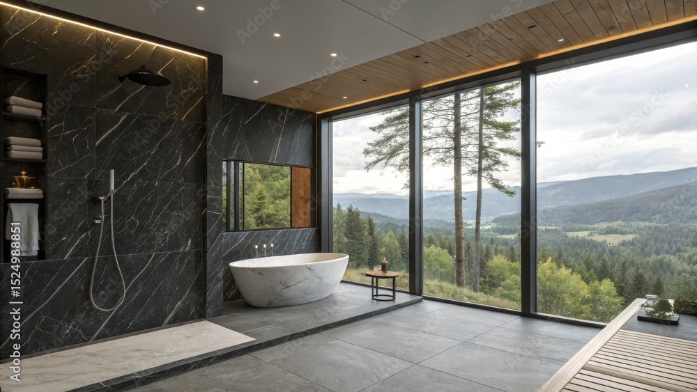 Fototapeta premium Luxurious Modern Bathroom Design with Stunning Mountain View Panoramic Windows