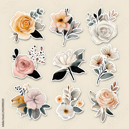 Fototapeta Naklejka Na Ścianę i Meble -  Hand-Drawn Watercolor Floral Stickers Roses, Daisies, and More