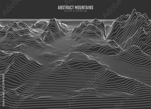 Contour mountain landscape. Waved line art. Abstract minimal topographic map. Contour lines with elevations and terrain depth. Vector illustration.