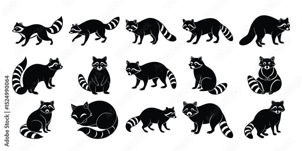 Obraz premium Black Raccoon Vector Silhouettes – Standing, Sitting, and Walking Poses for Animal Art Projects