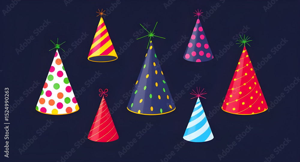 Party hats set, Birthday party hats, Colorful party hats, Cone party hats, Kids party hats, Festive hats set, Celebration hats, Party hat clipart, Party hat vector, Party hat illustration, Party hat i Party hats set, Birthday party hats, Colorful party hats, Cone party hats, Kids party hats, Festive hats set, Celebration hats, Party hat clipart, Party hat vector, Party hat illustration, Party hat i
