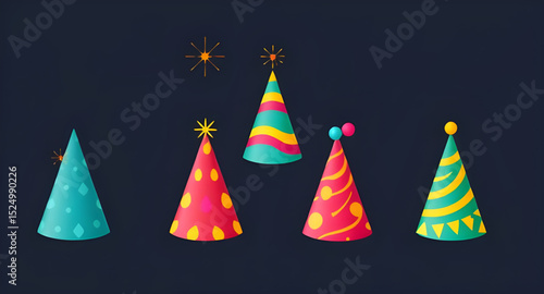 Party hats set, Birthday party hats, Colorful party hats, Cone party hats, Kids party hats, Festive hats set, Celebration hats, Party hat clipart, Party hat vector, Party hat illustration, Party hat i