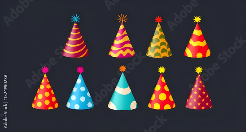 Party hats set, Birthday party hats, Colorful party hats, Cone party hats, Kids party hats, Festive hats set, Celebration hats, Party hat clipart, Party hat vector, Party hat illustration, Party hat i